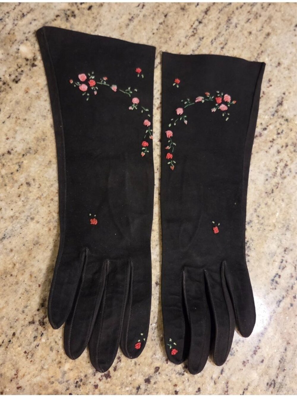 Vintage Womens Size S 6.5 Brown Suede Leather Formal Gloves Embroidered Flower